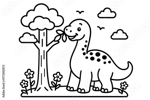Brontosaurus in Nature. Smiling brontosaurus eating leaves from a tall tree with clouds, birds, and flowers around, black and