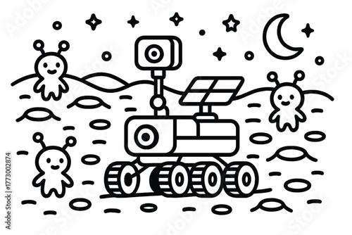 Martian Rover Adventure. Curious robot rover driving across a Martian landscape with craters, little aliens, and stars, black and