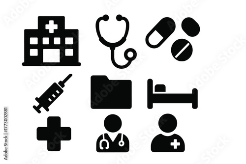 Psychiatric Care Icons. Solid style icons of psychiatric care: hospital building, stethoscope, pills, syringe, file folder, bed,