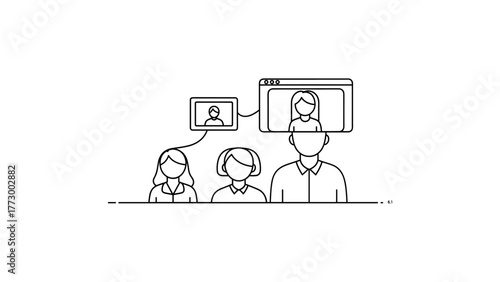 Three people in video conference in line art style
