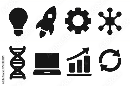 Innovation Icon Set. Solid style icons of innovation: lightbulb, rocket, gear, neural network, DNA strand, laptop, chart, arrows