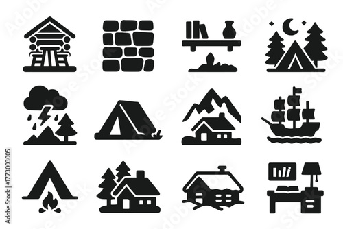 Solid Rustic Icons. Solid style icons of Rustic Atmosphere: cabin table, stone wall, wooden shelf, outdoor night, stormy scene,
