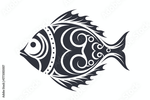 Abstract fish displays swirling ornate tribal patterns in solid monochrome