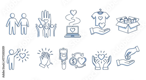 Set of charity and volunteer icons for social support and goodwill concept, vector graphics