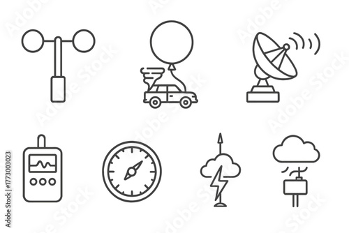 Weather Research Icons. Line style icons of Weather Research: Anemometer, Weather Balloon, Storm Chaser, Radar Dish, Data Logger,