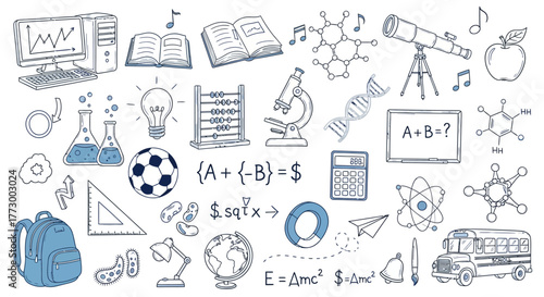 Collection of School Supplies and Scientific Equipment Illustrating Education and Discovery