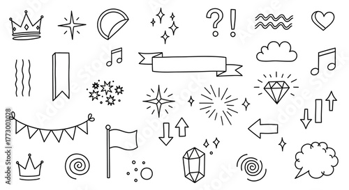 Hand-drawn doodle elements crowns, stars, banners, and more for creative designs and illustrations