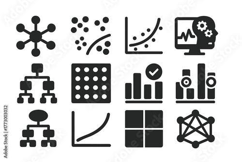 Data Science Icons. Solid style icons of Data science visuals: neural graph, clustering chart, regression curve, AI analytics icon