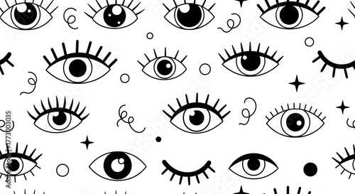 Abstract Seamless Eye Pattern with Stylized Eyelashes and Mystical Elements. Black and White Graphic Design for Fashion, Spirituality, and Modern Art Backgrounds