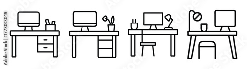 Outline office desk setup with computer monitor, lamp, and chair vector illustration design asset