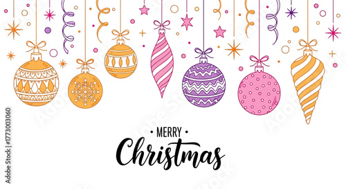 Festive Christmas Baubles and Streamers Hanging - A Colorful Celebration of Holiday Cheer