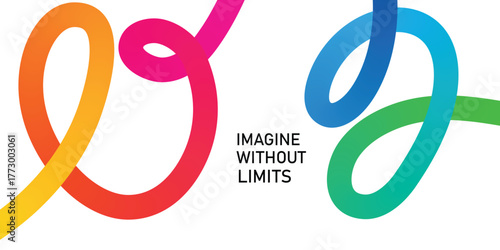 Colorful gradient ribbon shapes forming abstract loops and curves with text imagine without limits background