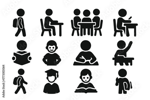 Student Icons Collection. Solid style icons of Students: child with backpack, sitting student, group study, writing child, reading