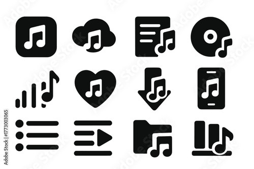 Music Icons Collection. Solid style icons of music streaming and apps: music app icon, cloud music, playlist icon, album cover,