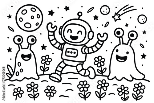 Robot Meets Aliens. Joyful robot explorer meeting alien creatures on a distant planet with flowers, moons, and comets, black and
