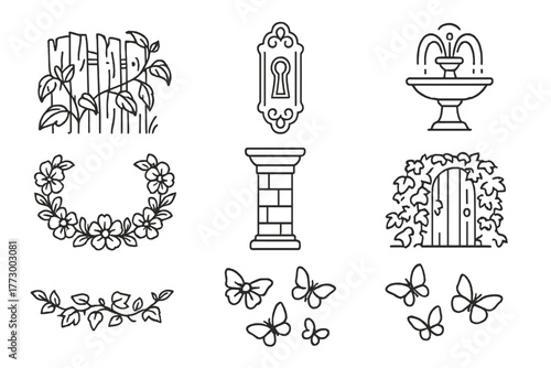 Secret Garden Icons. Line style icons of Secret Garden: Overgrown Fence, Wrought Iron Keyhole, Garden Fountain, Flower Garland,