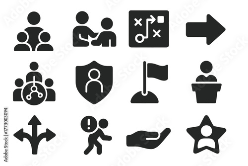 Leadership Icons Collection. Solid style icons of leadership and guidance: leader in front, mentor icon, strategy map, direction