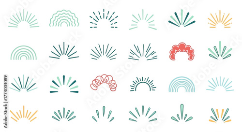 Collection of stylized sunburst and rainbow elements, ideal for graphic design and branding