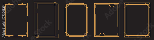 golden geometric frames. Set of golden thin frames. Metal thin photo or picture frames isolated on transparent background. Rectangular line art borders with various geometric corner details
