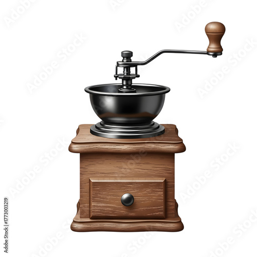 Vintage coffee grinder isolated on transparent background, a manual mill for beans