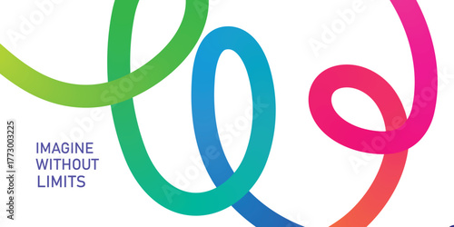 Smooth gradient ribbons in green blue pink and orange intertwining on white background with text abstract