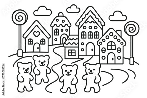 Candy Wonderland. Playful candy city with gingerbread houses, lollipop lampposts, and gummy bear citizens, black and white line