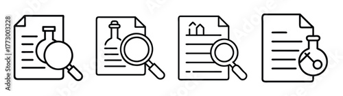 Document analysis process review audit checklist with magnifying glass and bottle icons set