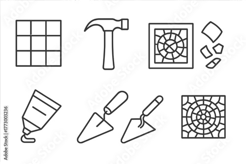 Mosaic Art Tools. Line style icons of Mosaic Art: Tile, Hammer, Design Sketch, Smalti, Grout, Trowel, Mosaic Panel, Pattern, No