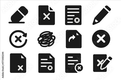 Mistake Icons Collection. Solid style icons of Mistakes: eraser icon, crossed paper, wrong answer sheet, pencil mistake,