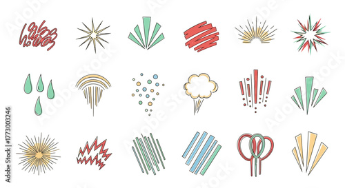 Abstract graphic design elements, comic book style explosion and bursts, colorful lines, and geometric shapes