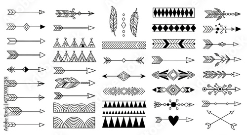 Hand-drawn collection of tribal arrows, ethnic borders, and bohemian decorative elements. Vector illustration set with geometric patterns and native-inspired designs