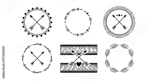 Set of Rustic and Bohemian Circular Embellishments with Arrows and Heart Motifs