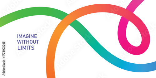 Abstract flowing colorful ribbons with text Imagine Without Limits on white background gradient