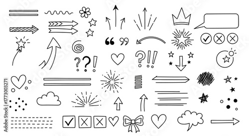 Collection of hand-drawn doodle elements, including arrows, stars, hearts, clouds, and question marks, perfect for creative projects