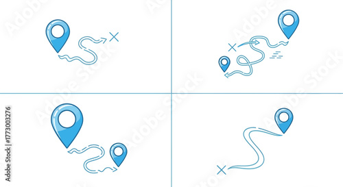 Collection of location marker icons showing different travel routes and destinations. A vector graphic set for GPS navigation and journey mapping