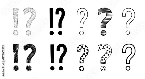 Diverse collection of hand-drawn exclamation marks and question marks in various styles and patterns