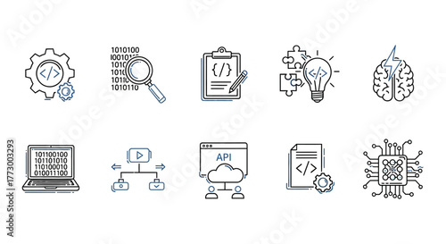 Thin line icon set for software development, coding, and web technology. Vector graphic symbols for API, cloud computing, and AI concepts