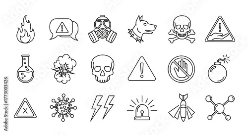 Collection of warning and danger symbols fire, mask, dog, skull, biohazard, explosion, virus, lightning, alert, bomb, and more icons