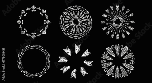 Ultra graphic collection of six hand-sketched boho mandala frames and decorative circular wreaths with ethnic patterns