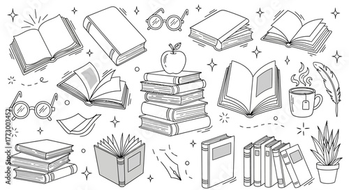 Literary World Hand-Drawn Books and Reading Elements Collection