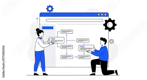 Team collaborating on a digital workflow visualization, optimizing project management and data organization for web development processes. Flat vector illustration showcasing strategic 