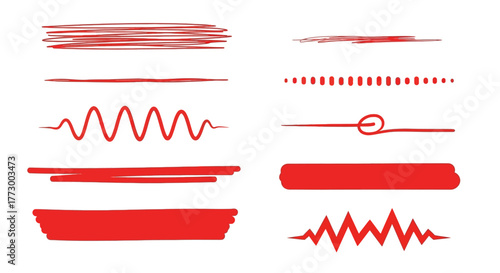 Collection of Red Hand Drawn Scribble Lines and Brush Strokes for Design Elements