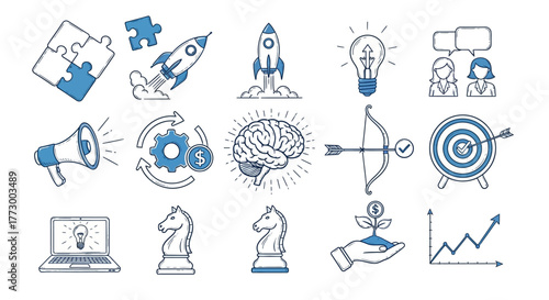 A collection of blue line art icons representing key business concepts like startup launch, marketing strategy, innovation, and financial growth