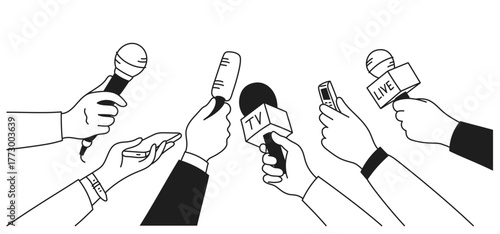 Doodle set of hands holding microphones and recorders. Journalism concept. Live news. Vector illustration of the press.