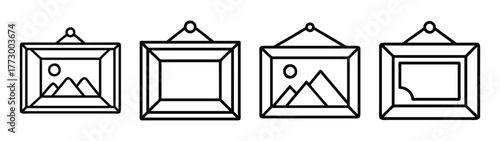 Hanging picture frames art gallery wall decor vector illustration set black and white outline design