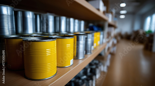 Canned goods on shelves in a bright storage area
