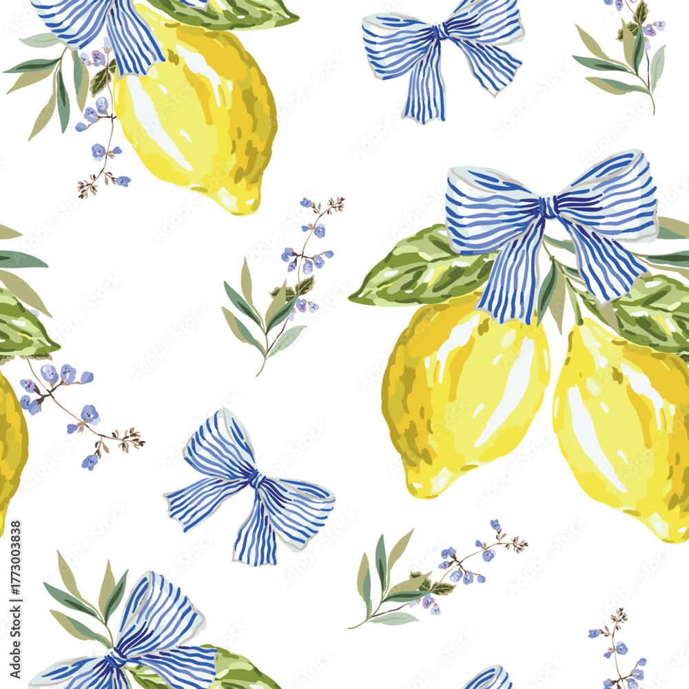 Naklejka premium Yellow lemon citrus fruits, green leaves, striped bows, herbs, white background. Vector illustration. Seamless pattern. Summer design