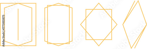 golden geometric frames. Set of golden thin frames. Metal thin photo or picture frames isolated on transparent background. Rectangular line art borders with various geometric corner details
