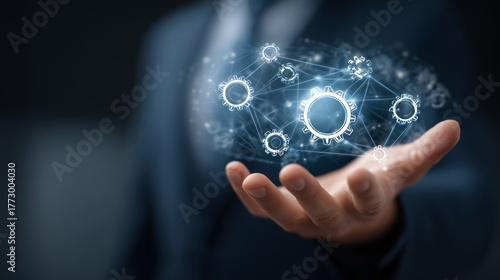 Profissional segura rede digital DevOps, representando alinhamento entre equipes de desenvolvimento e operações, impulsionando produtividade, automação e inovação contínua