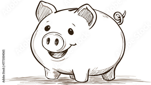 Cheerful Piggy Bank Cartoon Drawing for Savings and Finance Concept